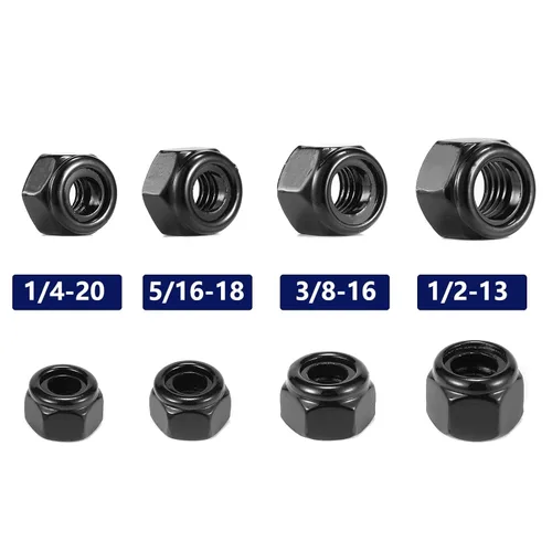 Miniatura 4 de Tuercas hexagonales de nailon 1/2-13, 50 tuercas de seguridad de acero inoxidable 304, accionamiento hexagonal, acabado brillante, óxido negro por