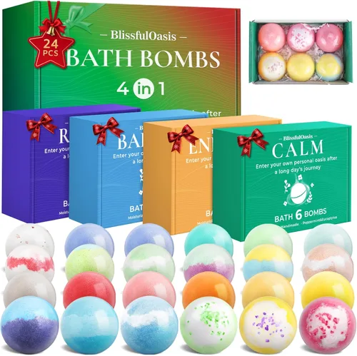 BlissfulOasis Juego de bombas de baño, 24 bombas de ducha con 6 aromas refrescantes, perfecto para hidratación y relajación, ideal para cumpleaños,
