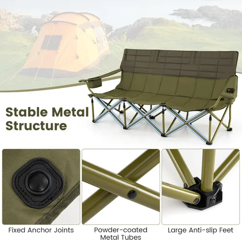 Miniatura 5 de Goplus Silla de campamento para 3 personas para adultos, silla plegable de gran tamaño para exteriores baja con portavasos y acolchado grueso, silla