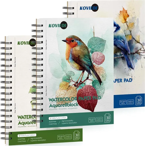 KOVIEDE Bloc de papel de acuarela 100% algodón, 30 hojas de 7 x 10 pulgadas, encuadernado en espiral, 140 libras/10.58 oz/m², cuaderno de bocetos de