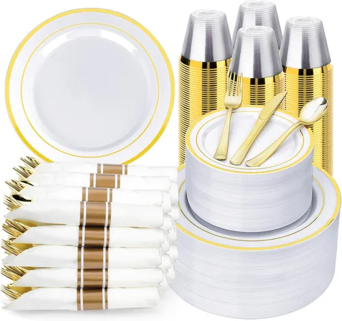 Miniatura 10 de BESTVIP - Juego de vajilla de plástico dorado transparente de 350 piezas para 50 invitados, plato desechable para fiestas de Navidad y Año Nuevo