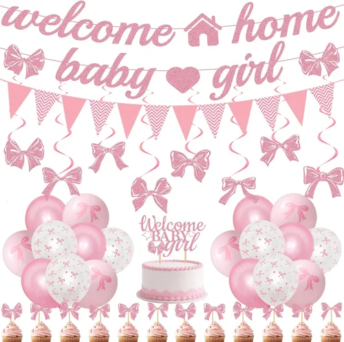 Decoraciones de bienvenida a casa para bebé, 42 unidades, lazo rosa, decoración de baby shower, remolinos colgantes, decoración de tartas grandes,