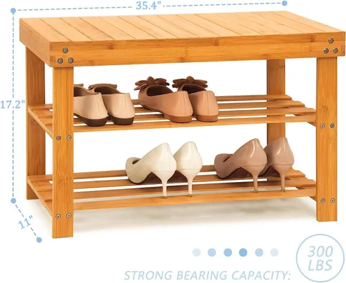 Miniatura 2 de Zapatero de bambú de 35.4 pulgadas de largo para entrada, organizador de zapatos de madera de 3 niveles o banco de baño, soporta hasta 300 libras