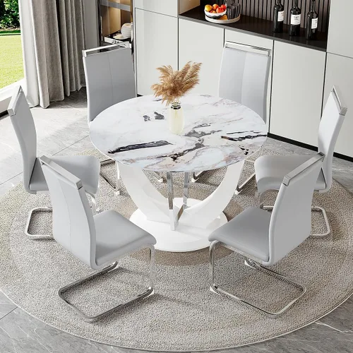 Miniatura 27 de JUFU Juego de mesa de comedor redonda para 4, mesa de comedor de 48 pulgadas con mesa de mármol sintético y 4 sillas tapizadas, moderno juego