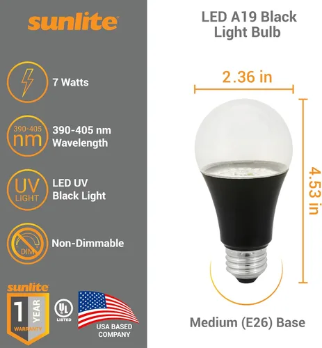 Miniatura 2 de Sunlite Foco UV LED A19 de luz negra, 7 W (equivalente a 60 W), base E26 media, no regulable, longitud de onda de 390-405 nm, ideal para decoración