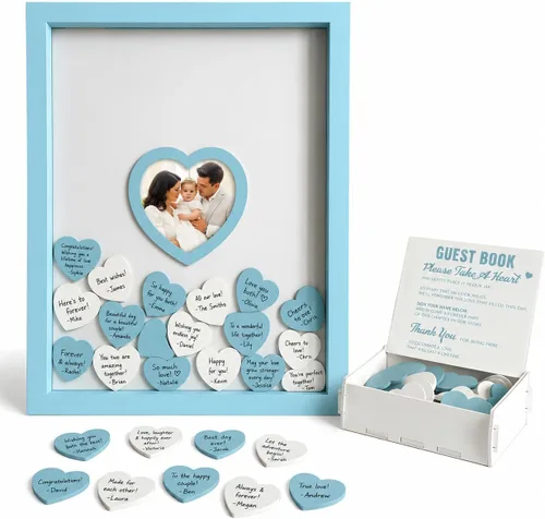 Libro de invitados de boda azul alternativo para recepción con corazones de madera, un marco, decoración de libros, recuerdos para boda, ideas de
