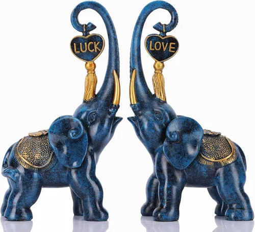 DOVDOV Juego de 2 piezas de estatua de elefante azul, escultura de elefante de amor, elefante azul para decoración del hogar, estantería de oficina,