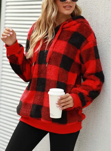 Miniatura 6 de Nirovien - Sudadera con capucha para mujer, sherpa, sin botones, de gran tamaño, mullida, de vellón doble, abrigada, suave, a cuadros