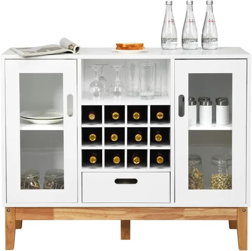 Miniatura 8 de Giantex Aparador de buffet, servidor de cocina de madera, armario de almacenamiento, estante para vino, 2 gabinetes, cajón y estante abierto