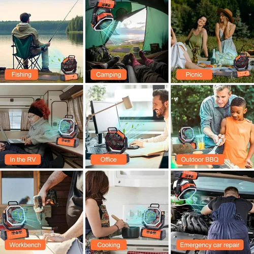 Miniatura 8 de Ventilador solar de campamento de 20000 mAh con panel solar de 10 W, banco de energía solar recargable para exteriores, linterna LED, tienda