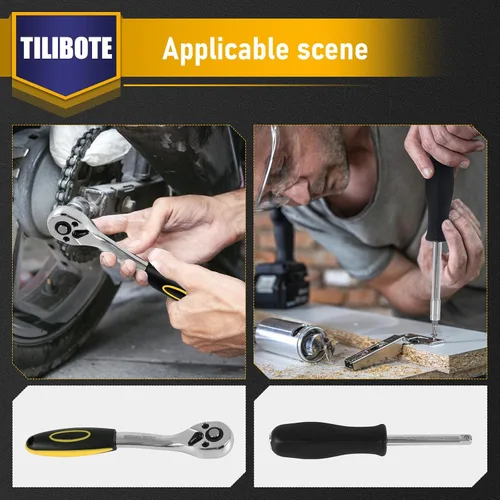 Miniatura 6 de Juego de llaves de vaso TILIBOTE, 62 piezas 1/4" juego de trinquete con 72 dientes, SAE y métrico de 5/32" - 9/16", 4mm - 14mm, juego