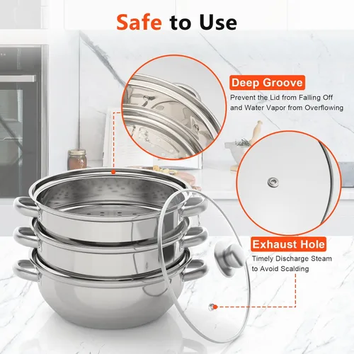 Miniatura 5 de Vaporizador de acero inoxidable de 3 niveles, olla de sopa de vapor herramienta de cocina con tapa de vidrio para uso en estufas de inducción