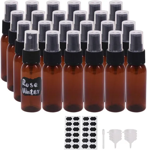 Paquete de 24 botellas de plástico ámbar para aceite esencial, perfume, aromaterapia, alcohol, botellas de viaje con pulverizador de niebla fina,