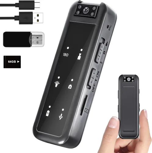 Amyway Mini cámara corporal de 64 GB, videocámara de grabación de video de 1080P Wearable Patrol con visión nocturna IR, batería de 5 horas y lente