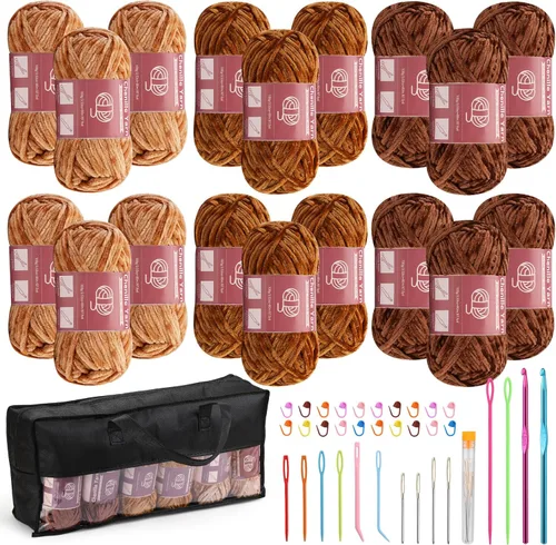 Miniatura 53 de LUNARM Hilado de chenilla para tejer y hacer ganchillo, 3 madejas de 240 metros de hilo grueso, suave y voluminoso, para tejer mantas, ropa y Beige