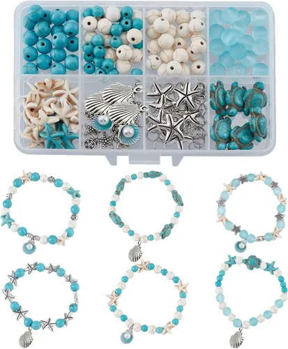 SUNNYCLUE 1 caja de bricolaje de 6 piezas de cuentas de turquesa con temática oceánica de verano de 0.315 in, dijes de concha, kit de fabricación de