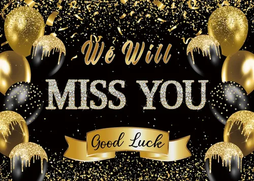 Miniatura 2 de Fondo de fiesta de despedida de jubilación We Will Miss You Black Gold Glitter Balloon Photography Background Goodbye Going Away Retirement Bye