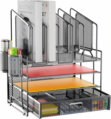 Miniatura 9 de Marbrasse Organizador de escritorio con cajón, organizador de archivos de malla de 4 niveles con 5 soportes verticales para archivos y 2 soportes