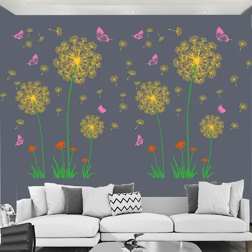 Miniatura 9 de Calcomanías creativas de pared de flor de diente de león, mariposa voladora, decoración del hogar para sala de estar, dormitorio, decoración
