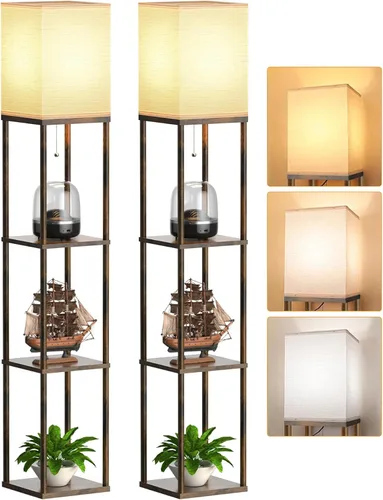 Miniatura 11 de Lámpara de pie con estantes para sala de estar, paquete de 2, lámpara de pie con 3 bombillas LED CCT, lámpara de columna de pie, organizador
