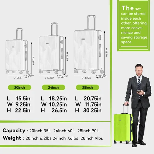 Miniatura 6 de Strenforce Conjuntos de 3 piezas (202428)" Maletas Spinner ABS Hardshell Equipaje con cerradura TSA, B-verde manzana
