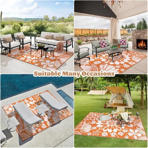 Miniatura 8 de Ileading Alfombra de Paja de Plástico para Exteriores 5x8 pies Estilo Floral Divertido Alfombras de Área Reversibles para Patio Impermeables