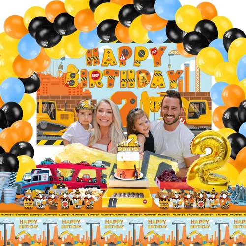 Miniatura 6 de Suministros de fiesta de cumpleaños de construcción para niños de 2 años, 139 piezas de decoraciones de fiesta de camión volquete para niños y bebés