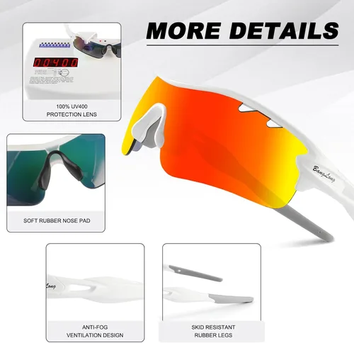 Miniatura 4 de BangLong Polarized Sports Sunglasses Cycling Sun Glasses for Men Women with 5 Interchangeable Lenes for Running Driving Blanco y rojo