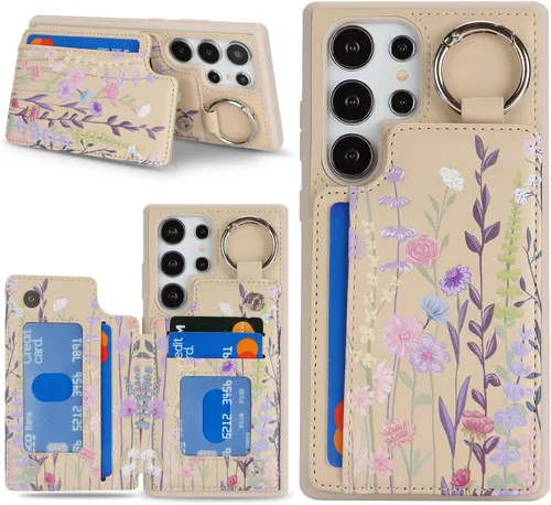 Havaya Funda para Samsung Galaxy S22 Ultra con tarjetero con llavero y soporte de anillo floral para teléfono, ranuras para tarjetas de crédito,