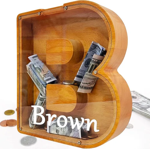 Miniatura 84 de Alcancía para niños y niñas, alcancía grande de madera personalizada con diseño recortado, bancos de monedas con letras del alfabeto, caja de ahorro