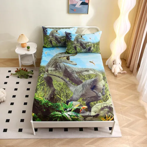 Miniatura 7 de Juego de sábanas de dinosaurios tamaño individual para niños, juego de sábanas bajeras realistas 3D de dinosaurio verde de la selva antigua, juego