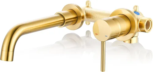 Miniatura 16 de ARCORA Grifo de baño de montaje en pared, negro mate, grifo de lavabo de baño de una sola manija montado en la pared, válvula empotrada incluida