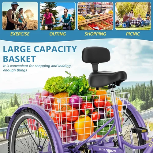 Miniatura 6 de NAIZEA Triciclo para adultos, bicicleta de crucero de tres ruedas de 7 velocidades, triciclos para adultos de 20/24/26 pulgadas, bicicletas de 3