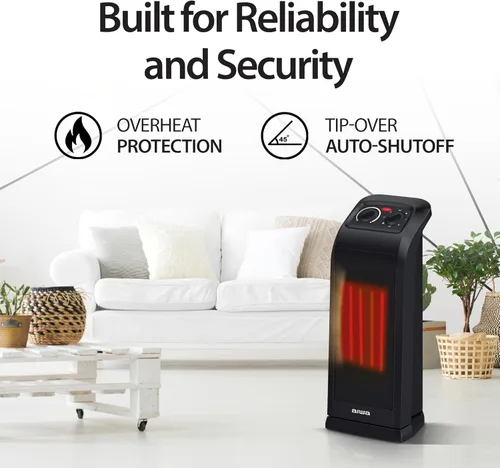 Miniatura 5 de Aiwa Calentador de espacio de cerámica, 1500 W, 18 pulgadas, calentador eléctrico oscilante de 60° para interiores, modos alto/bajo/ventilador