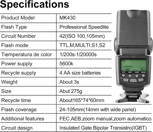 Miniatura 6 de Meike MK430N TTL Flash de cámara Speedlite con pantalla LCD compatible con cámaras Nikon D7100 D5300 D5200 D3500 D3100 D600 D800 D3200 D90 D80 D300
