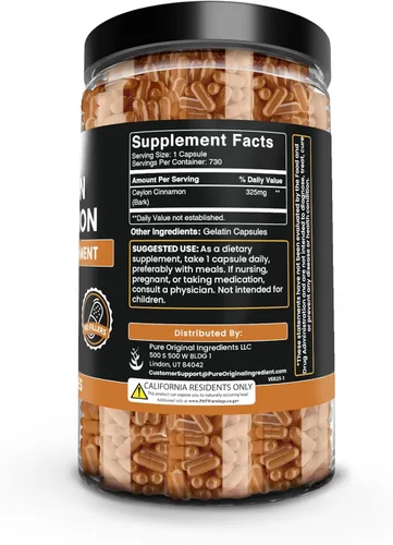 Miniatura 3 de PURE ORIGINAL INGREDIENTS Canela de Ceilán (730 cápsulas) sin magnesio o rellenos de arroz, siempre pura, verificado por laboratorio