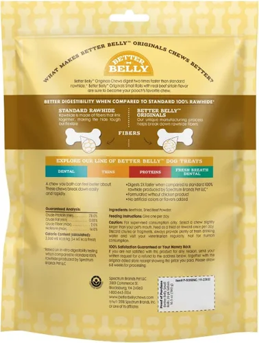 Miniatura 2 de Better Belly Originals, Sabor a Solomillo de Ternera Real, Rollos Pequeños, Masticables para Perros, 20 Unidades (P-50050NC)