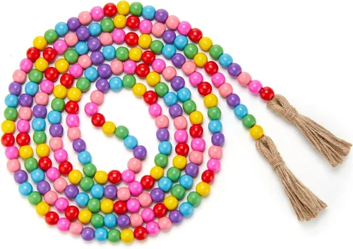 Miniatura 11 de Guirnalda de cuentas de madera con borlas, guirnalda de cuentas de madera para chimenea, estilo rústico, estilo vintage, bohemio, para fiesta