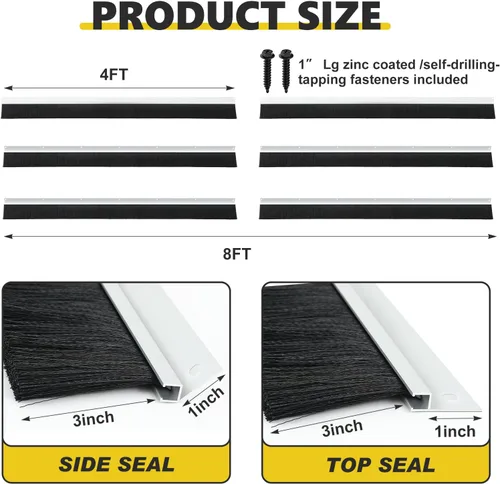 Miniatura 2 de DoubleFill Kit de sello de cepillo para puerta de garaje de 8 x 8 pies, sello de puerta enrollable de 3 pulgadas con riel de aluminio, cepillo