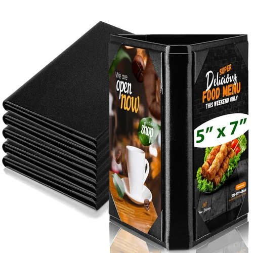 Miniatura 8 de Paquete de 9 carpas de mesa de cuero sintético negro, fundas de menú de piel sintética a granel a granel de doble cara con marco en A, 2 carpetas 2