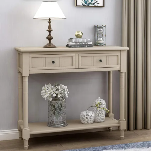 Miniatura 10 de P PURLOVE Mesa de consola Aparador Mesa de sofá de madera con 2 cajones y estante inferior (negro)