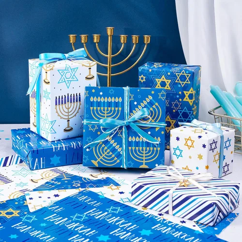 Miniatura 3 de RUSPEPA Hojas de papel de regalo de Hanukkah, estrella de David, menorá, feliz Hanukkah y diseño de rayas, papel de regalo azul y dorado