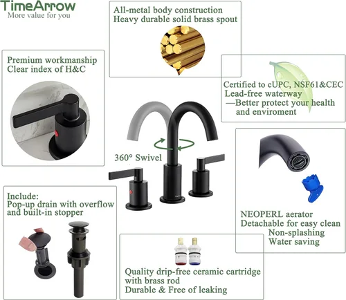 Miniatura 4 de TimeArrow TAF830C-MB - Grifo de lavabo de baño de 2 manijas de 8 pulgadas con drenaje emergente, grifo moderno de arco alto, 3 agujeros con boquilla