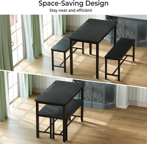 Miniatura 3 de Tatub Juego de mesa de comedor para 4, mesa de cocina de 3 piezas con 2 bancos, juego de comedor que ahorra espacio para rincón de desayuno y Negro
