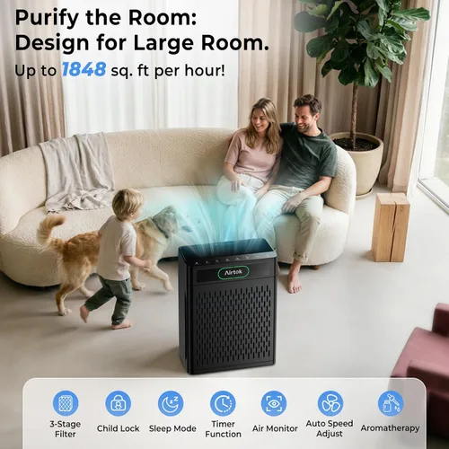 Miniatura 2 de Airtok AP3001 - Purificadores de aire para el hogar, habitación grande de hasta 1848 pies cuadrados, purificador de aire HEPA para dormitorio, Negro
