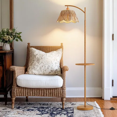 Miniatura 16 de Oneach Lámpara de pie arqueada para sala de estar, lámpara de pie de ratán boho con pantalla tejida a mano, interruptor a pedal, base y poste de Oro