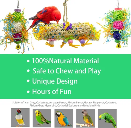Miniatura 2 de EBaokuup Paquete de 3 juguetes para masticar pájaros, trituradora de forraje, jaula de loro, juguete colgante de lufa para cacatúa, conure, loro 3