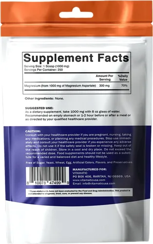 Miniatura 9 de Vitamatic Aspartato de magnesio 1000 mg por porción apoya la salud muscular, articular y cardíaca, 8.82 oz - 250 porciones