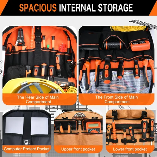Miniatura 3 de Mochila para herramientas, mochila de herramientas resistente, bolsa de herramientas HVAC para electricista/trabajos de construcción con base Marrón