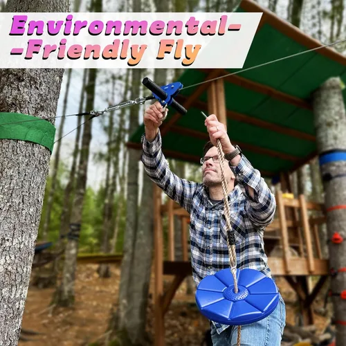 Miniatura 7 de CTSC Tirolesa para niños y adultos, kits de tirolesa para patio trasero con freno de resorte de acero inoxidable, kit de tensión de cables, arnés